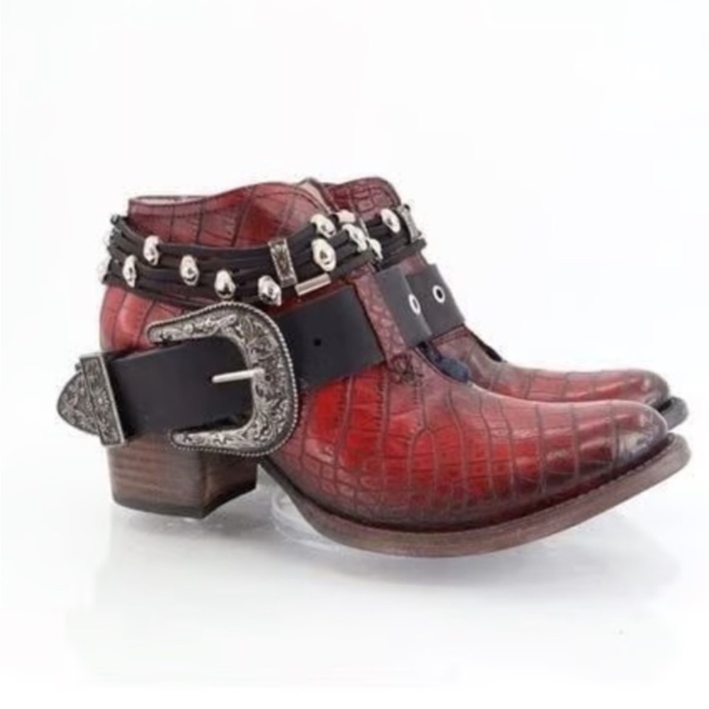 Freebird by Steven Red Croc-Embossed Ankle Boots with Studded Buckle